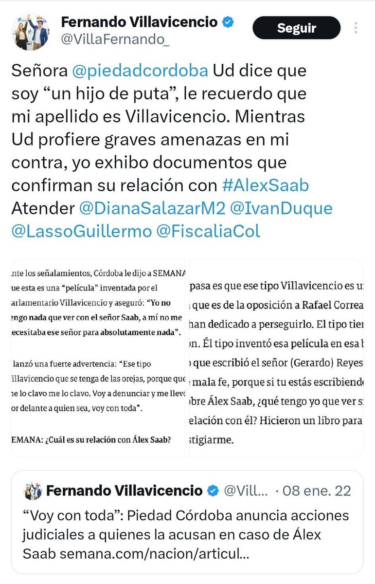 ojocolombia2026's tweet image. El candidato ecuatoriano opositor a Rafael correa Fernando Villavicencio había denunciado unos nexos de personas en ecuador con NICOLAS PETRO, hijo de Gustavo PETRO 

También había Sido amenazado de muerte por PIEDAD CÓRDOBA senadora del pacto histórico y amiga de Gustavo PETRO.…
