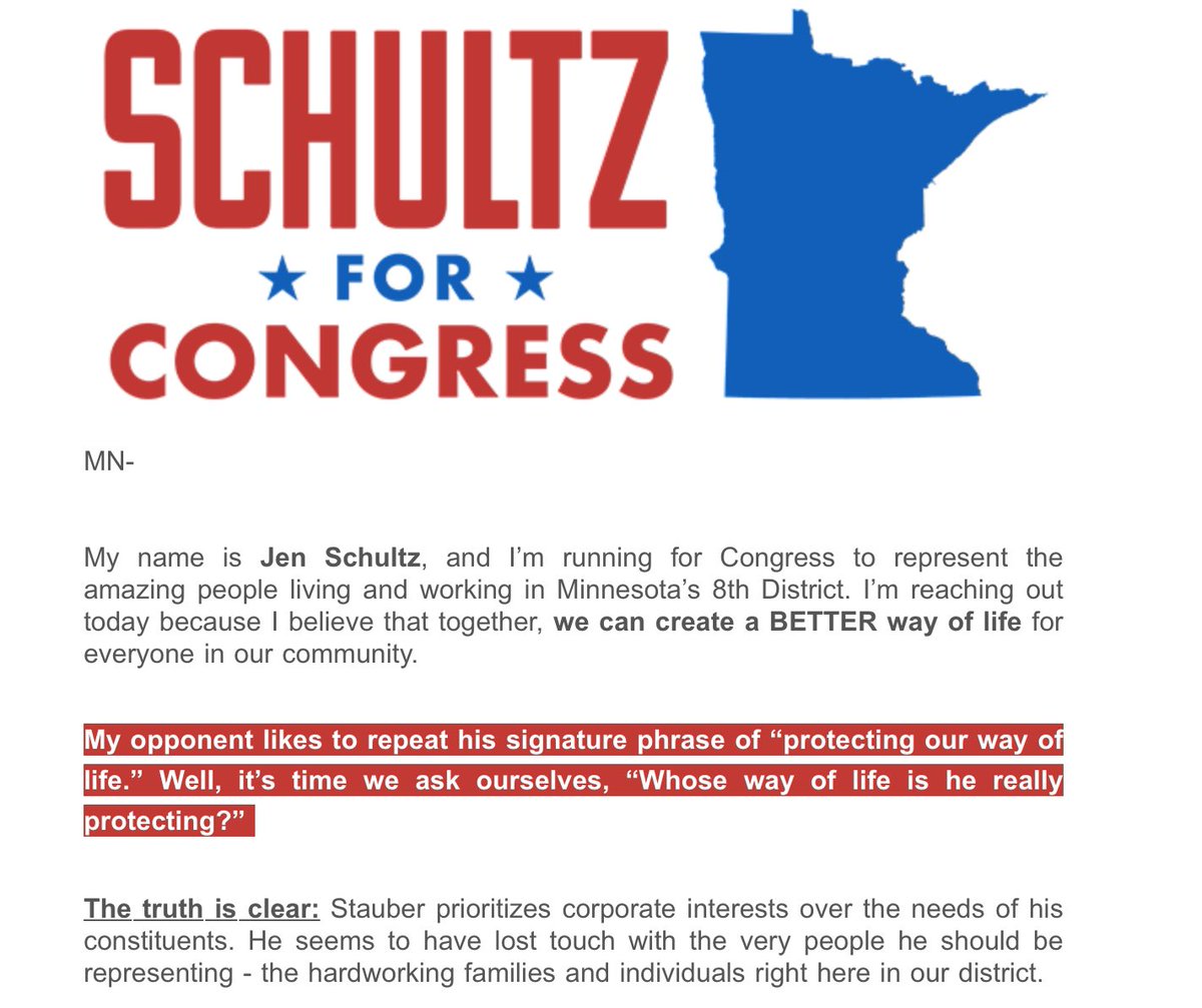 dukeduluth's tweet photo. The Jennifer Schultz campaign asks the question we've all wanted to ask Pete Stauber.
@RepJenSchultz @RepPeteStauber @PeteStauber
#WhoseWayOfLife #NotOurWayOfLife https://t.co/DEESJZFKFA