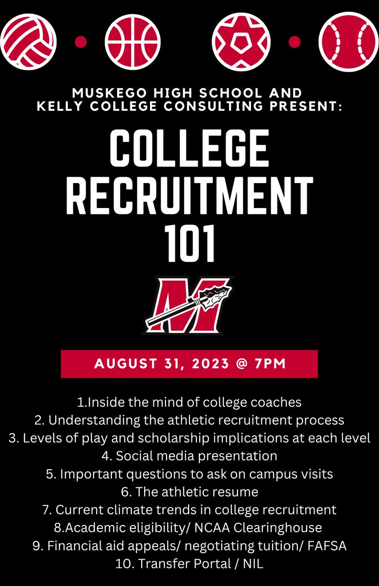 1WarriorMHS's tweet photo. SAVE THE DATE - Coming AUGUST 31st to Muskego High School in the PAC. Recruiting 101 Presentation for all students, all parents, all coaches. See you there! https://t.co/kkDLQpdaIr