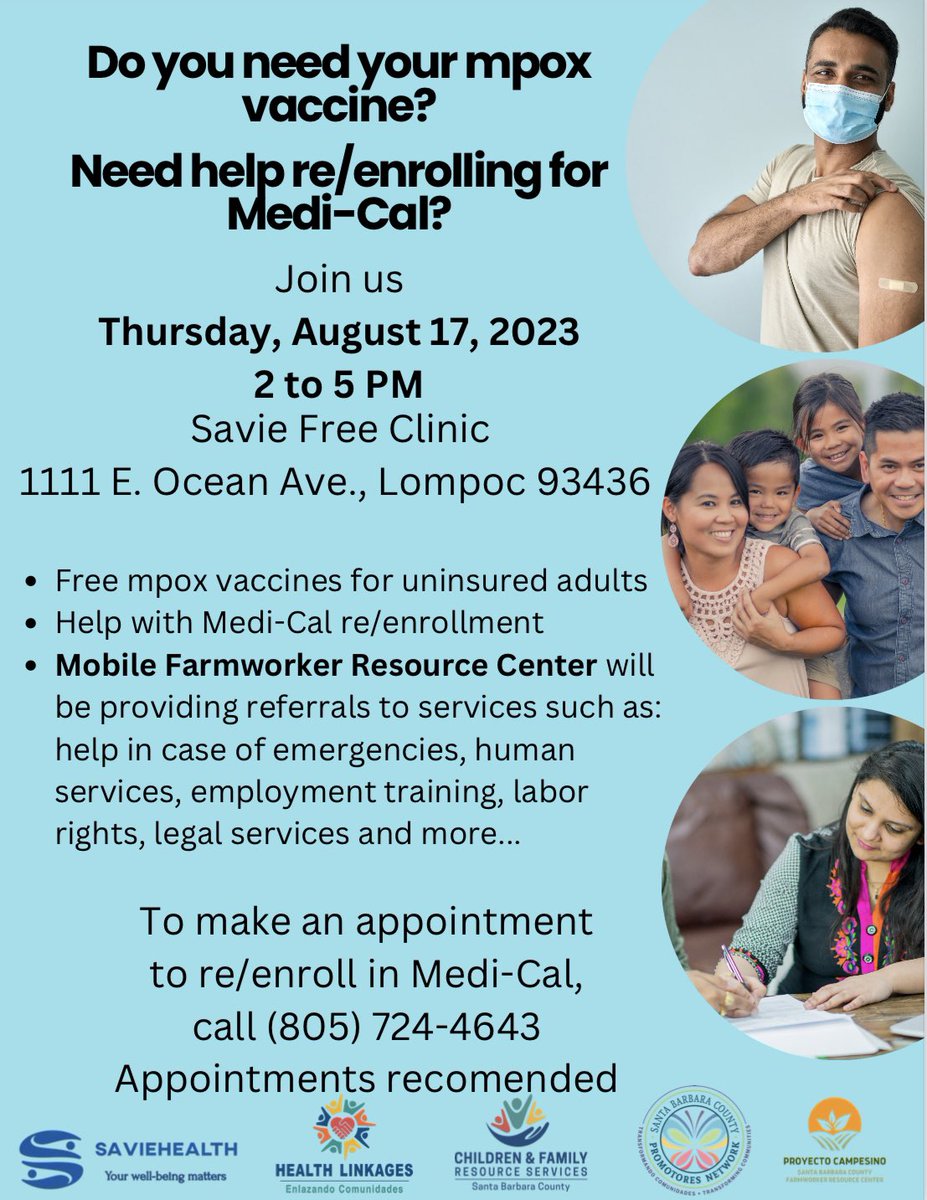 HealthSavie's tweet photo. Do you need your mpox vaccine? Need help re- enrolling for Medi-Cal? Join us Thursday, August 17, 2023 from 2 – 5 p.m. at Savie Free Clinic, located at 1111 E. Ocean Ave., Lompoc 93436. We will be offering free mpox vaccines for uninsured adults and help with MediCal enrollment. https://t.co/grXHS2peUp