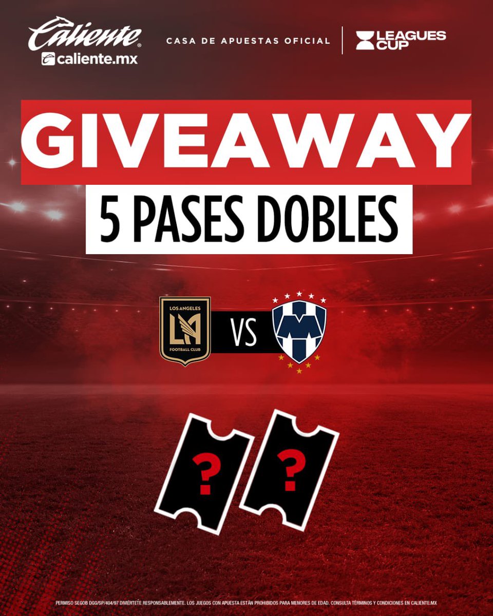 🚨GIVEAWAY 🚨
 
CALIENTE.MX  te lleva al #LAFC 🆚 #RAYADOS de #LEAGUESCUP2023   
 
1️⃣Dale RT y  ❤️ a este tweet
2️⃣Sigue a <a href="/calientesports/">Caliente Sports</a> en TW e IG 📲
3️⃣Etiqueta a un amigo, comenta el hashtag  #MásAcciónMásDiversión y quién es tu jugador favorito de Monterrey 🔥