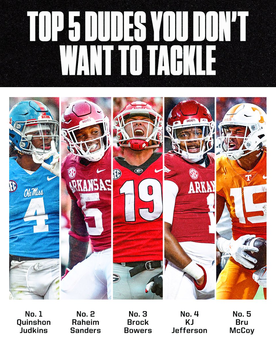 SECNetwork's tweet photo. Who's the toughest player to tackle in the SEC? 😤🤔

@TakeoSpikes51 lists his top five: https://t.co/hqekLRq99o