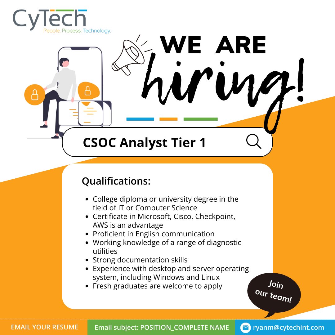 CyTech83's tweet photo. π’ Join our team at CyTech International as a Tier 1 CSOC Analyst and help safeguard the digital frontier! Your expertise can make all the difference in a world driven by technology. Apply Now! Reach out to Ryan, our HR Manager at RyanM@cytechint.com with your resume. #JoinCyTech https://t.co/G4EOka1IMw