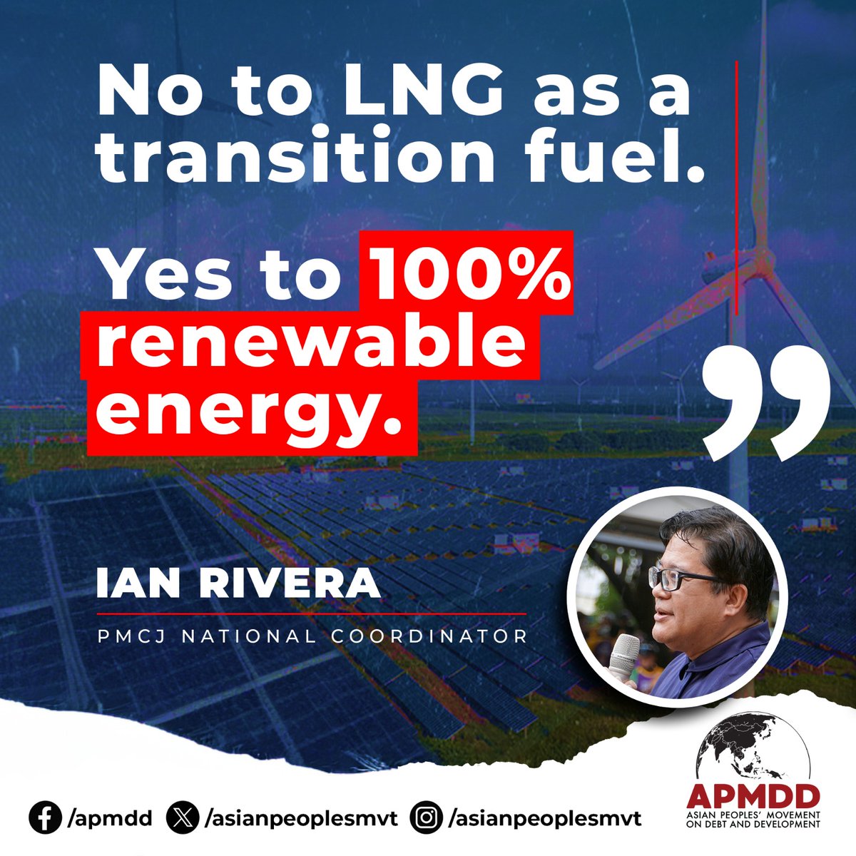 AsianPeoplesMvt's tweet photo. In view of several proposals in the Philippine Senate to develop the Liquefied Natural Gas (LNG) industry in the country, we once again call on the government to transition out of fossil fuels into 100% renewable energy.
#EndFossilFuels
#NoToGasAsTransitionfuel
#gasisdirty https://t.co/k3jCStLX5e