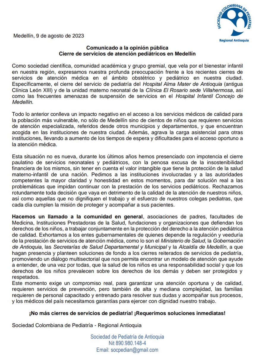 alejodiaz81's tweet photo. La salud de los niños colombianos en riesgo. Desde que la Salud se convirtió un negocio, la pediatría ha dejado de ser rentable para las instituciones. Esto pasa cuando se antepone el deseo de dinero a los derechos fundamentales. Lamentable situación. @SocPediatria @MinSaludCol https://t.co/5RVwWwedps