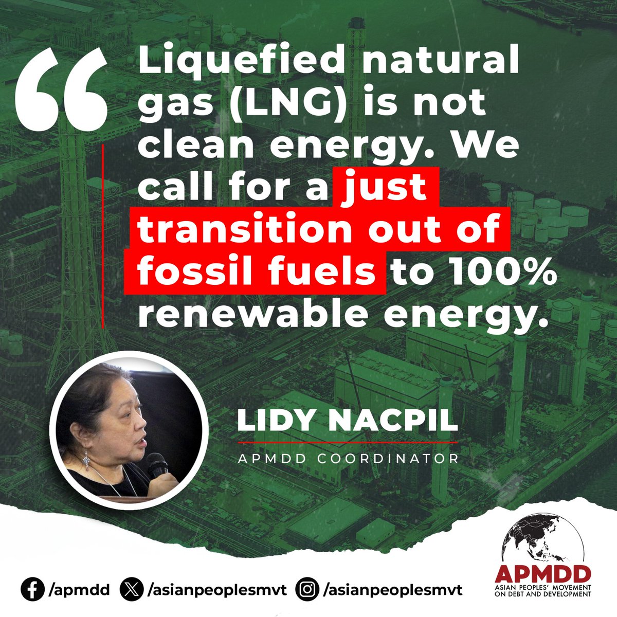 AsianPeoplesMvt's tweet photo. LNG is not clean energy, it is still fossil fuel. The methane emissions from its production will have a devastating impact on our communities and the planet in the long term.
#EndFossilFuels
#NoToGasAsTransitionfuel
#GasIsDirty https://t.co/l7udzwBOMk