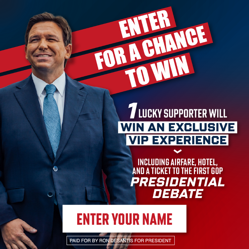 RonDeSantis's tweet photo. I'm flying out 1 LUCKY WINNER to share my first Presidential Debate experience with me.

All you have to enter is sign our submission form.

I promise, no smoke and mirrors and no gimmicks. This is real! I hope I get to see you in Milwaukee!