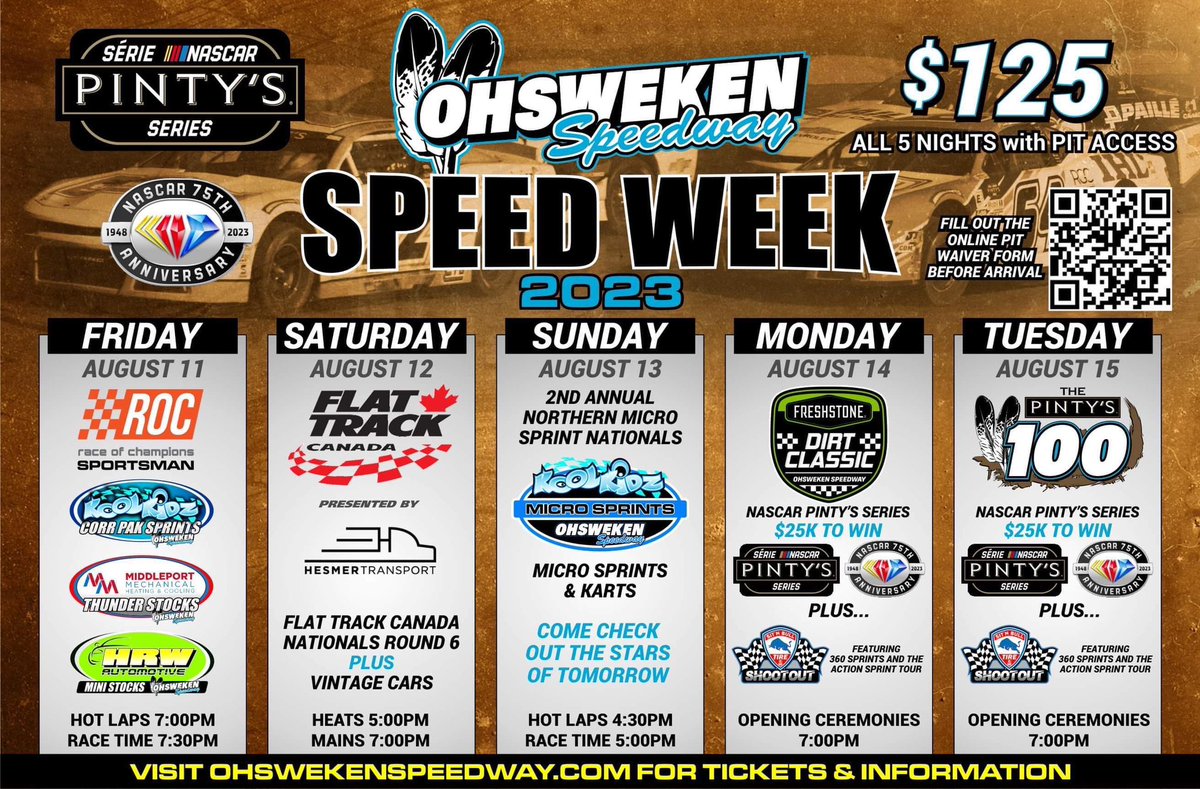OhswekenSpdway's tweet photo. Speed Week Super Pass

Visit https://t.co/nXmNhWAYN7 and https://t.co/l0grGoJHCl or call 519-717-0023 to order.

@NASCARPintys 

@RoCModSeries 

@FlatTrackCanada 

#ohswekenspeedway #dirtracing #sprintcars #ovalracing #bigOproud #stockcarracing #nascar #roc https://t.co/xFrAZ4VSdX