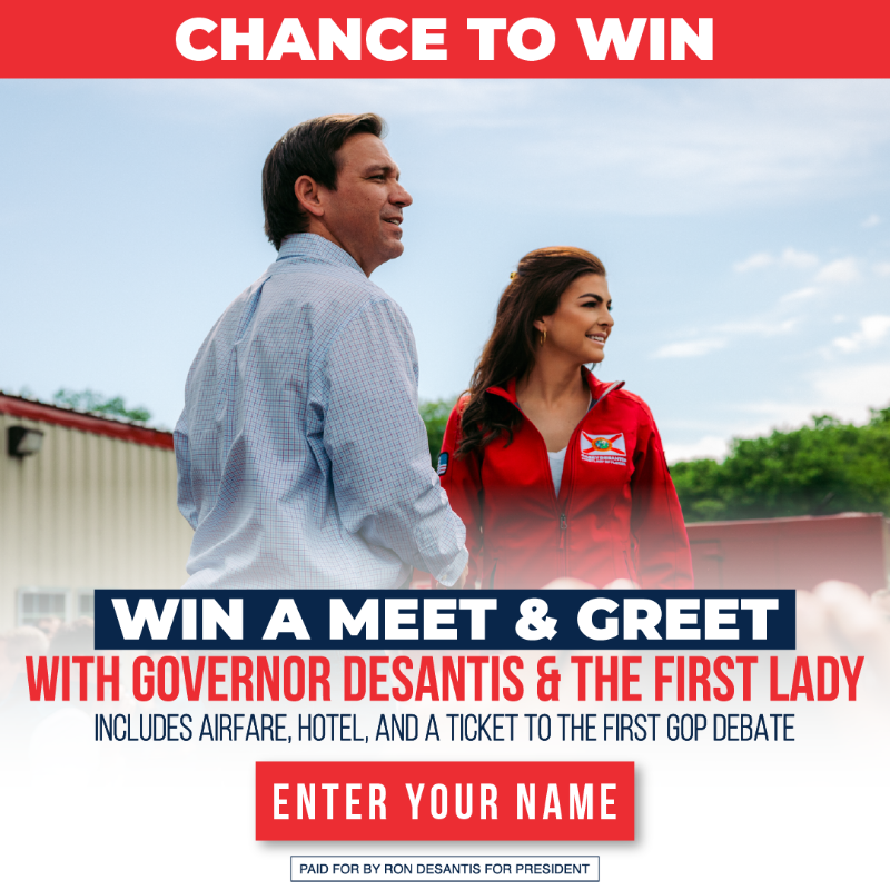 RonDeSantis's tweet photo. Yes, this is really happening. I'm flying out one LUCKY winner for a VIP Experience they'll never forget at this year's first GOP Presidential debate.

Sound interesting? Enter now for a chance to win!