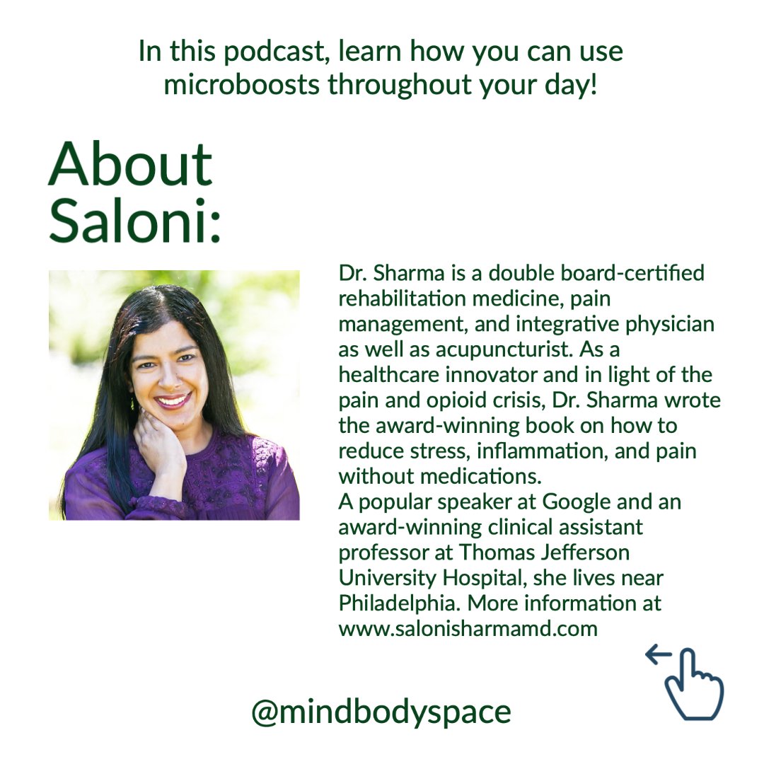 mindbodyspace_'s tweet photo. If you need pain relief, chronic or from an injury, listen to episode 110 of the MindBodySpace Podcast where I speak with Dr. Saloni Sharma, a board-certified pain management physician and author of the book "Pain Solution: How to Relieve Pain Without Pills." https://t.co/DlETMpnxw0