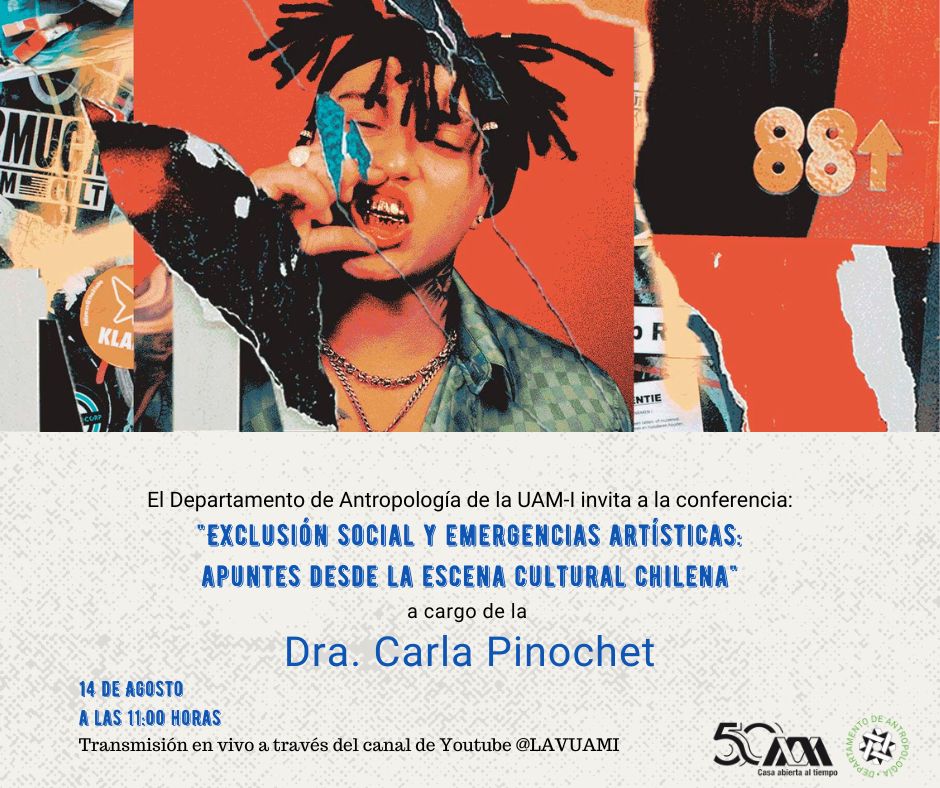 Mañana 14 de agosto, conferencia "Exclusión social y emergencias artísticas: apuntes desde la escena cultural chilena", impartida por la Dra. Carla Pinochet, investigadora de la <a href="/uahurtado/">Universidad Alberto Hurtado</a> (Chile).

A las 11:00 horas a través del YT del Laboratorio de Antropología Visual.