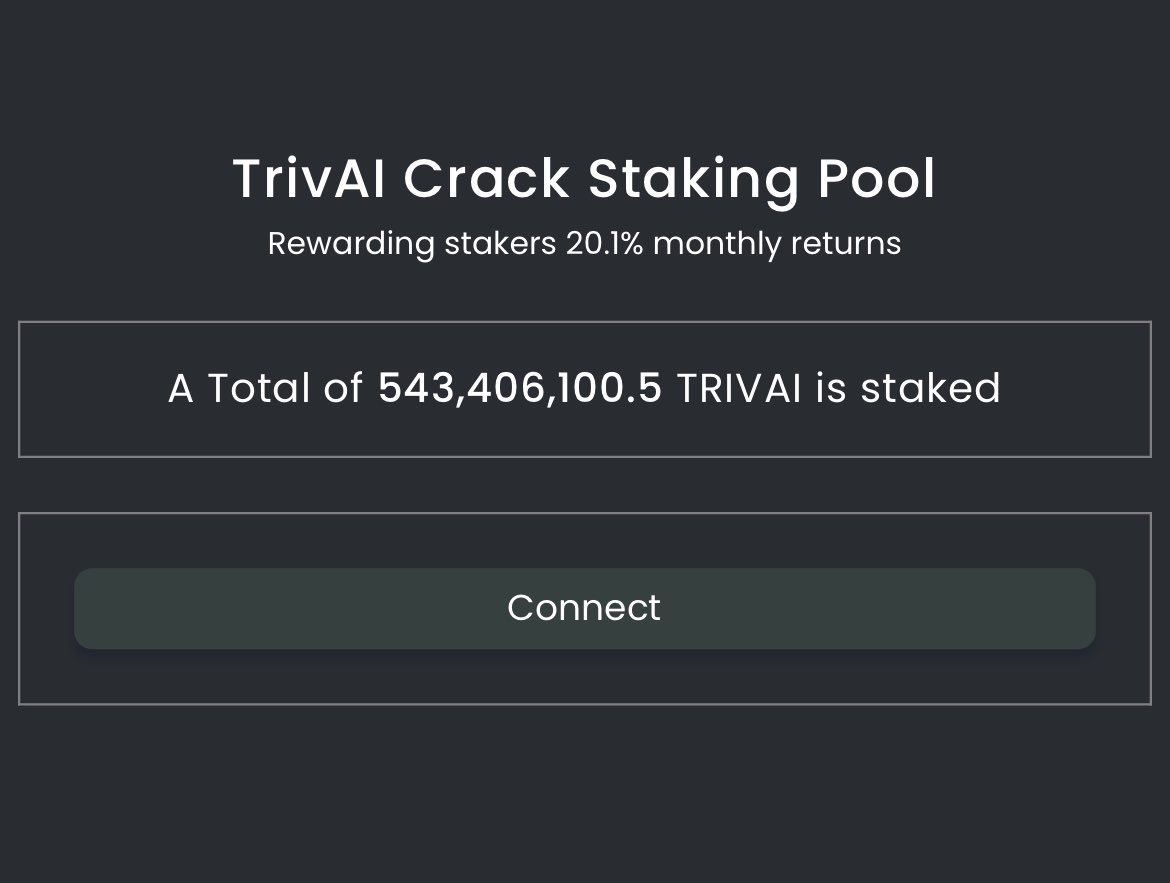 TrivAICrack's tweet photo. Almost 55% of $TRIVAI is staked now at a whopping 20% per month rewards!

We are just getting started! 

https://t.co/DhoTbPU8iD

#trivia #BSC #blockchaingames #BabyDogeArmy #Shibarium https://t.co/WxNAboR7t9