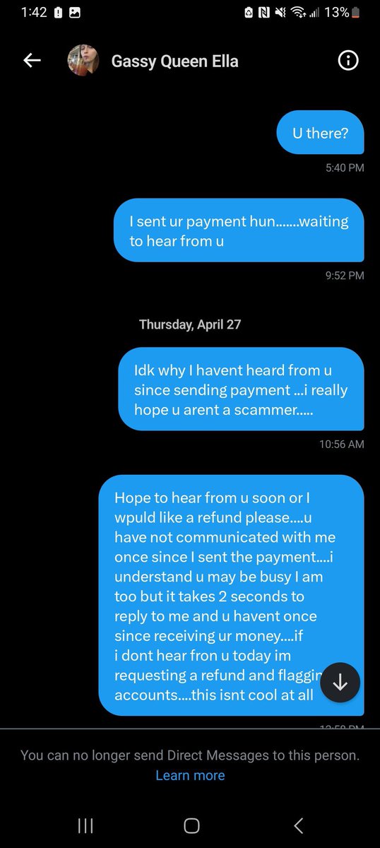 FFC4K's tweet photo. 🚨SCAM ALERT @ScatQueenElla 🚨
Gave a guy the run around for over a month about their custom then decided to block👎 Be careful fellas❗️

UNFOLLOW, REPORT, &amp; RETWEET TO SPREAD THE WORD #FFC #fartfetish #scatfetish https://t.co/9K79Dhr7EQ