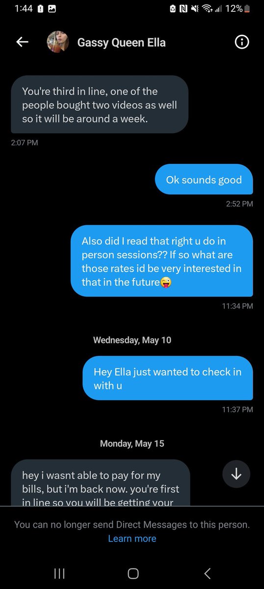 FFC4K's tweet photo. 🚨SCAM ALERT @ScatQueenElla 🚨
Gave a guy the run around for over a month about their custom then decided to block👎 Be careful fellas❗️

UNFOLLOW, REPORT, &amp; RETWEET TO SPREAD THE WORD #FFC #fartfetish #scatfetish https://t.co/9K79Dhr7EQ