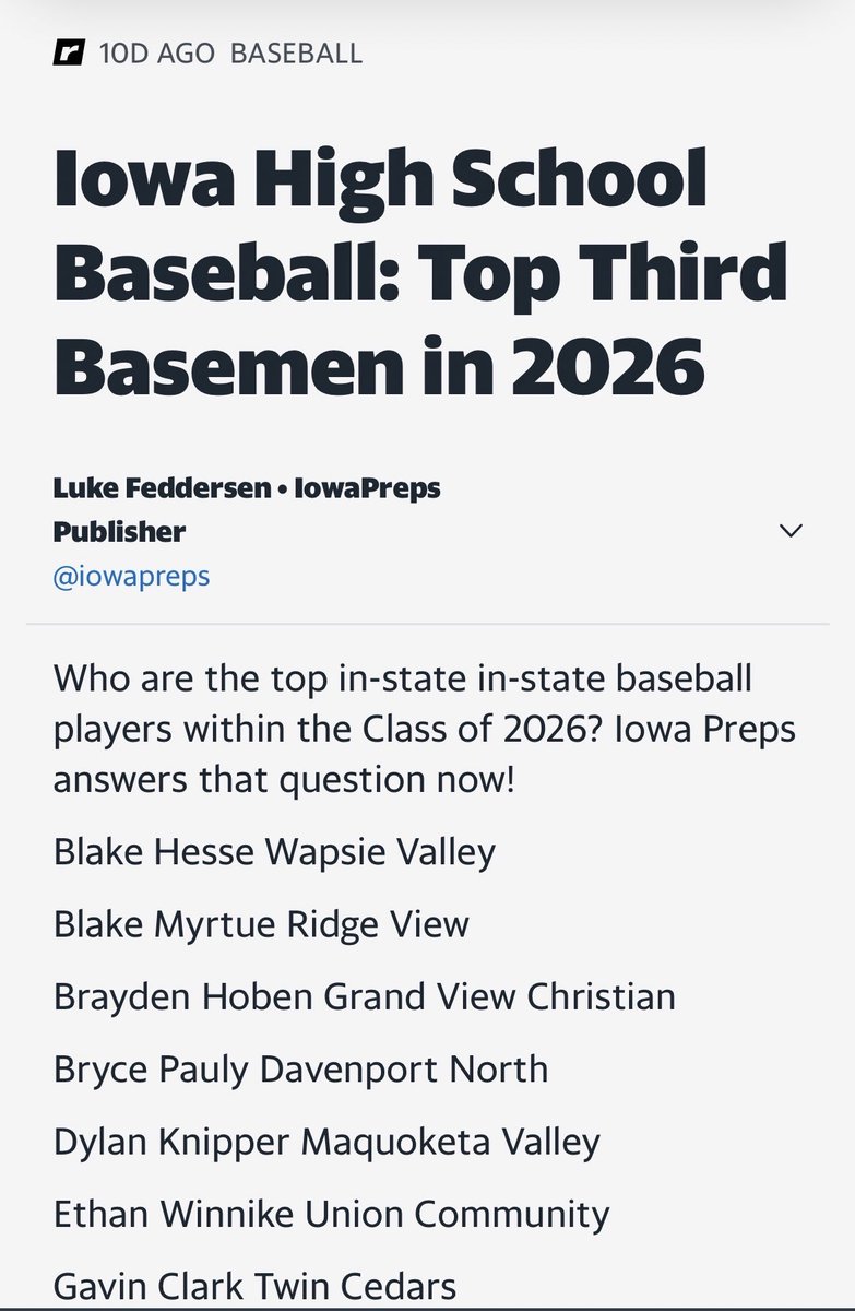 One of Iowa’s (2026) top 3rd basemen 
@Jessy_Gutwiler @PBRIowa <a href="/MBrunsUnionAD/">Michael Bruns</a>