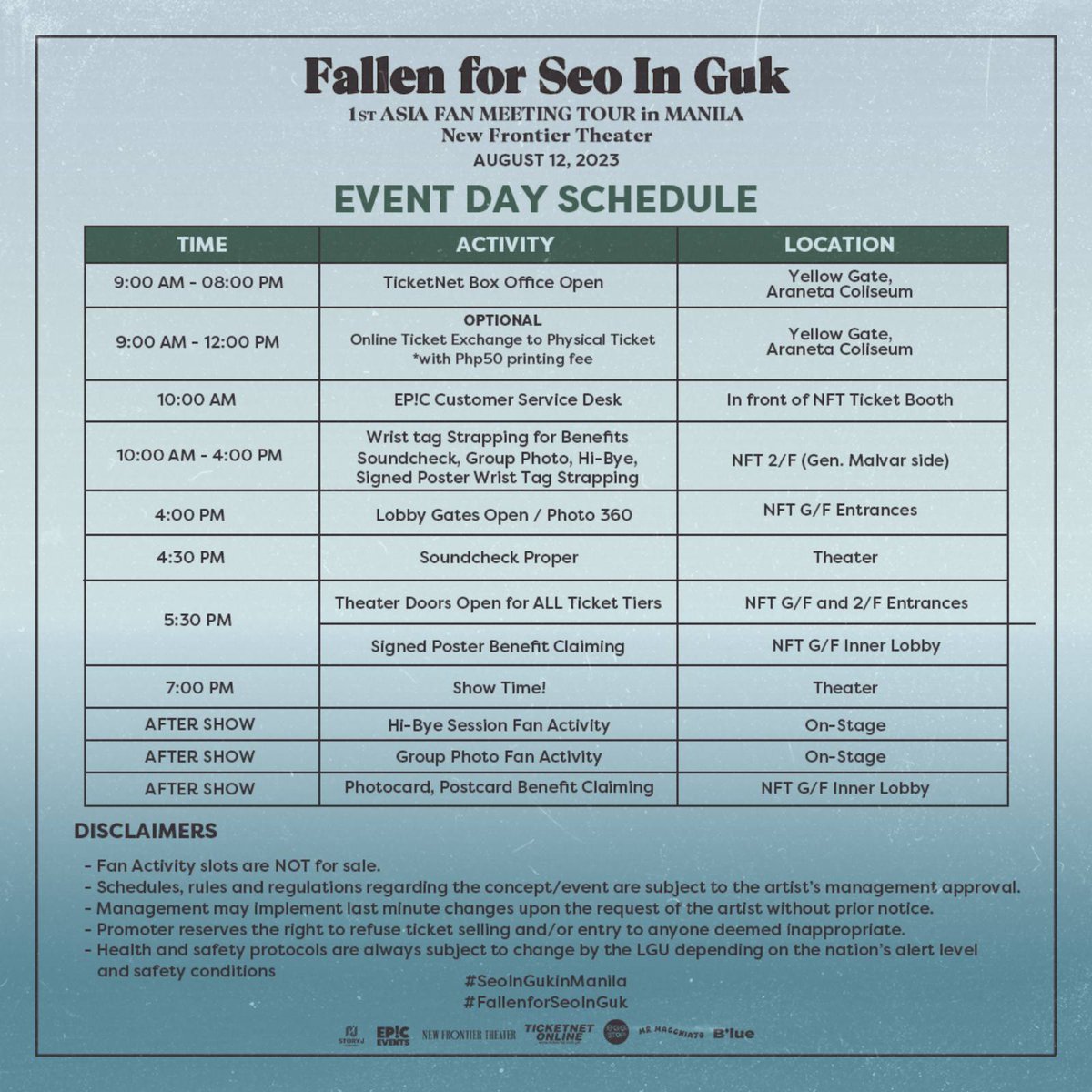 📌 EVENT DAY SCHEDULE 

Don’t miss out to check the Event Schedule and Activities. 

See you on his first ever fan meeting tour in Asia on August 12, 2023 6PM at New Frontier Theater.

📌 Tickets are still available at:
ticketnet.com.ph/events/detail/…

#SeoInGukinManila