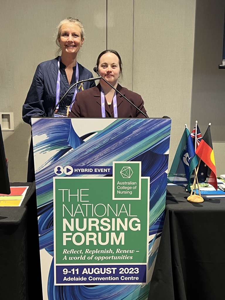 Fresh off the speaking podium! 🗣️

Naomi and Natalie spoke today to the National Nursing Forum! #NNF2023 @acn_tweet

Their speech focused on the importance of inclusive communication to support people with Down syndrome. #DisabilityInclusion #WithUsNotForUs