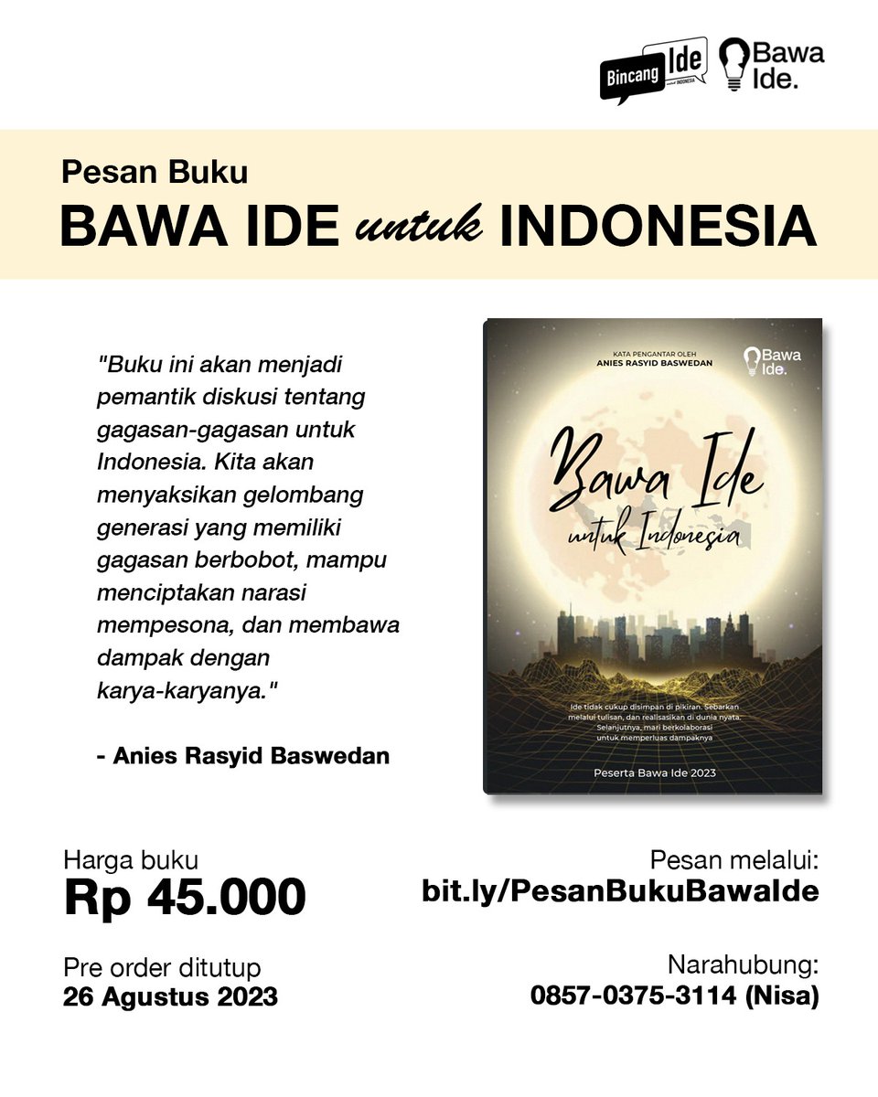 bawa_ide's tweet photo. Akhirnya yang ditunggu-tunggu tiba.

Buku yang ditulis oleh peserta Bawa Ide sudah bisa dipesan.

Silakan langsung ke
*https://t.co/9q7DBlm6vU* https://t.co/Dtp9v3bokP