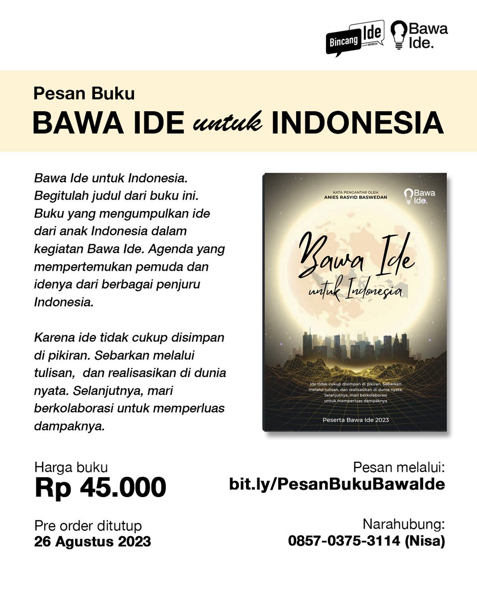 bawa_ide's tweet photo. Akhirnya yang ditunggu-tunggu tiba.

Buku yang ditulis oleh peserta Bawa Ide sudah bisa dipesan.

Silakan langsung ke
*https://t.co/9q7DBlm6vU* https://t.co/Dtp9v3bokP