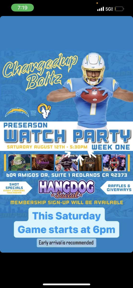 ChargedupBoltz's tweet photo. This Saturday! Party up pre season style with ChargedUpBoltz at our new watch party location Hangdog Social in Redlands, Ca ⚡️💙 this place is insane, and so are the vibes! Let’s go Boltz! See you Saturday! ⚡️⚡️ https://t.co/McqMDDKXpO