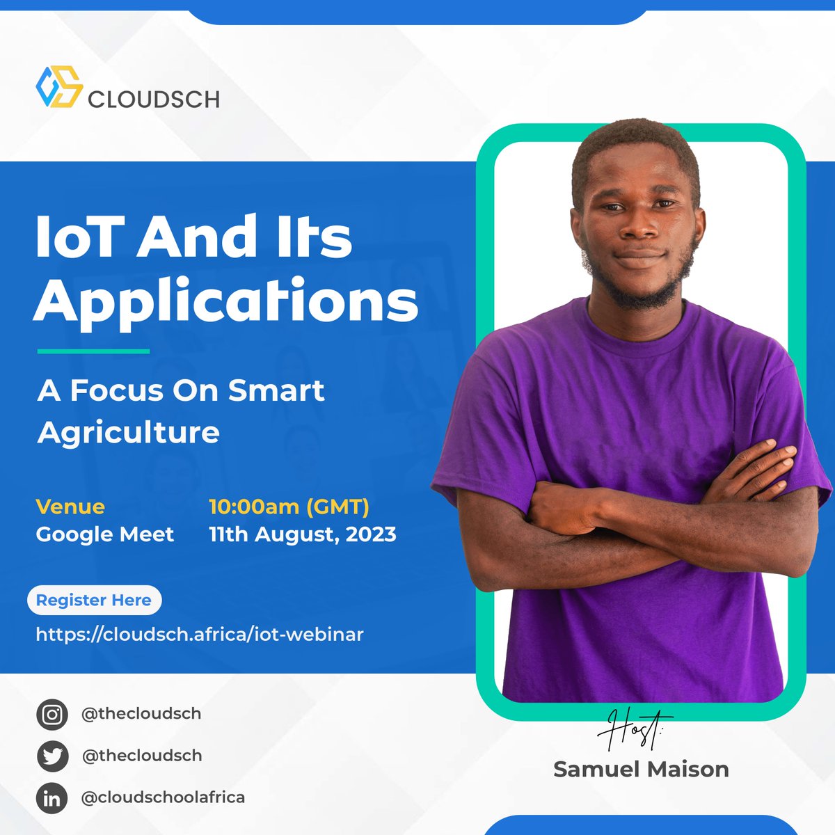 thecloudsch's tweet photo. Calling all IoT Enthusiasts!!

Explore the future of farming in our exclusive webinar, “IoT and its Applications: A Focus on Smart Agriculture “

Make a date with us on Friday, 11th August 2023 at 10AM GMT!

Register here to book your spot.
https://t.co/A15HqTKlWd https://t.co/g76MMKmbjt