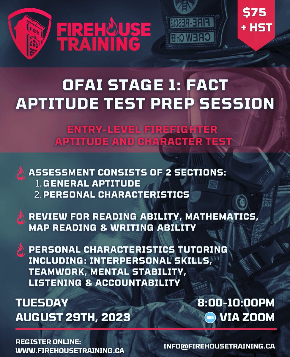 FirehouseTrain1's tweet photo. Are you attempting to write the FACT Entry Firefighter Aptitude Test coming up as part of the OFAI Stage 1 Process? On Tuesday, August 29th we will cover Writing Ability Questions, Reading, Mechanical Aptitude and Personal Characteristics. Link in bio to register!π₯#firetestprep https://t.co/jTG1DDkjCo
