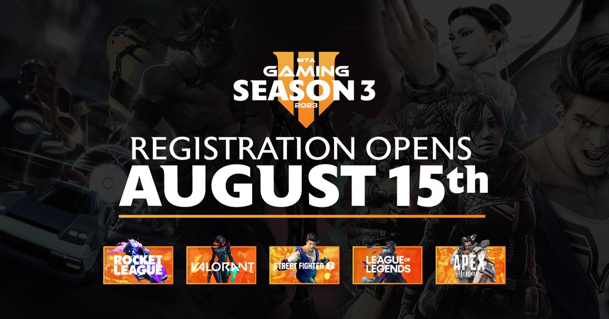 MTAGamingLIVE's tweet photo. INCOMING — registration for Season 3 of the MTA Esports League begins August 15th!
https://t.co/nLdCBkzGgM https://t.co/x9F5TxTVCA