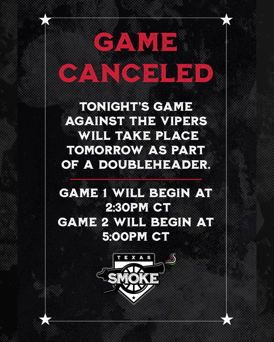 Final Update for tonight’s game that will be postponed due to weather. ☔️⛈️

#defendthe512 #wewantallthesmoke #welcometodashow