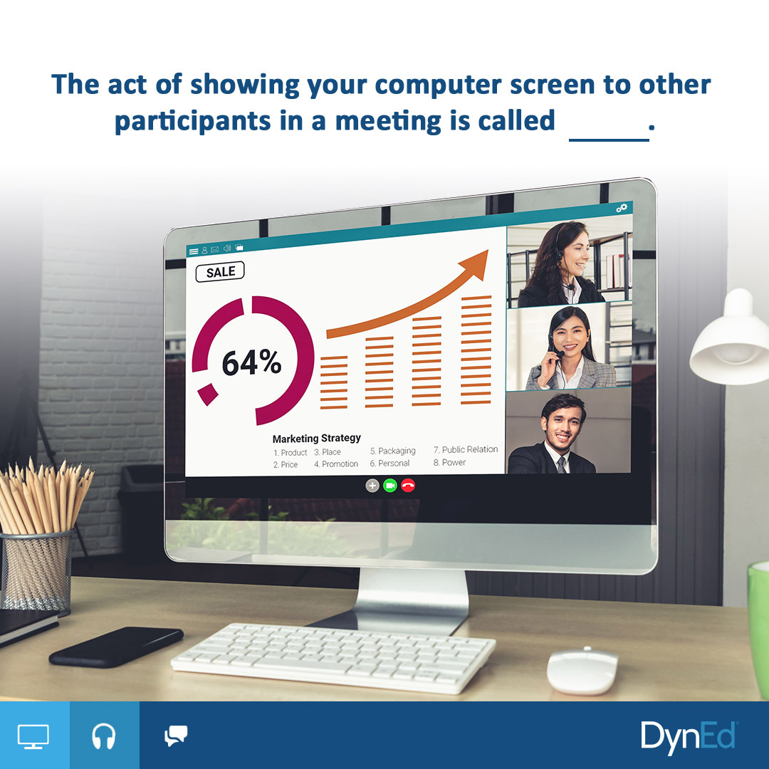 dyned_intl's tweet photo. Choose the correct answer below:
a. recording
b. screen sharing
c. presenting

_
#DynEd #BusinessEnglish #EnglishExercise #OnlineMeeting https://t.co/teGol5qX2F