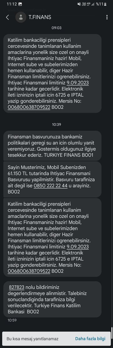 Bu sabah 09.03 de mesaj geliyor size özel ön onaylı krediniz hazır diye basvuru yapiyorum red veriyor akabinde tekrar ayni mesaji atiyorlar. Red aldik kredi notum düştü kredi notum yükselsin diye ugrasirken boyle yaniltici mesaj neden? Acilen duzeltin bu durumu <a href="/TurkiyeFinans/">Türkiye Finans</a>