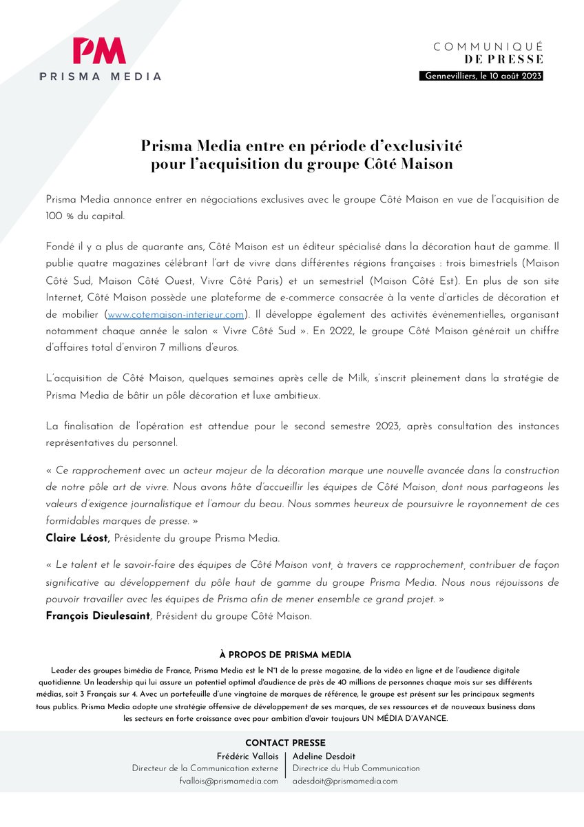 [𝐂𝐎𝐌𝐌𝐔𝐍𝐈𝐐𝐔𝐄 𝐃𝐄 𝐏𝐑𝐄𝐒𝐒𝐄]

Prisma Media entre en période d'exclusivité pour l'acquisition du groupe Côté Maison.

#decoration #acceleration #developpement

🔽🔽🔽