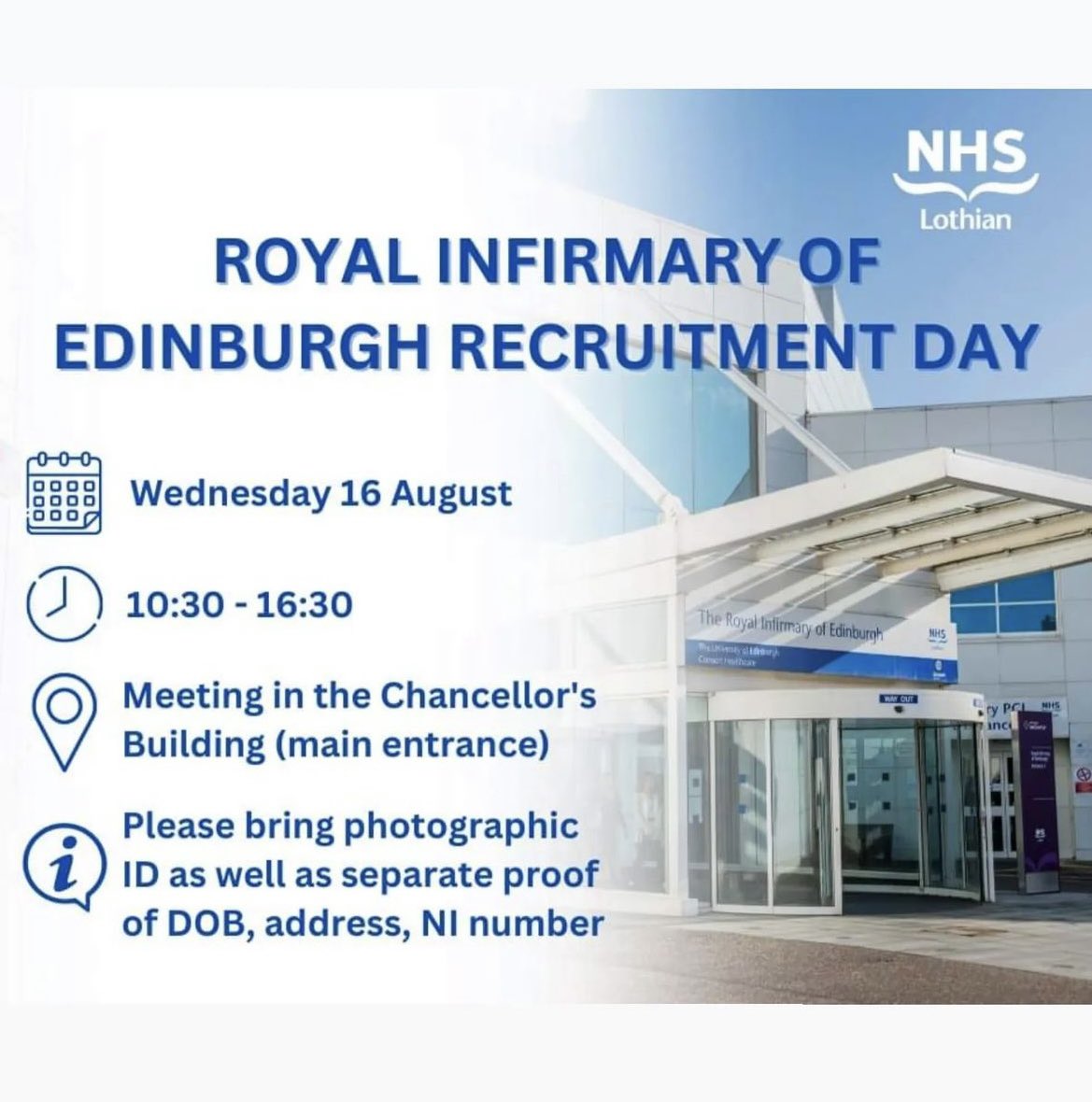 The Royal Infirmary of Edinburgh is having an open day!

Come and join our fantastic team in the Acute Medical Unit.

Apply in advance to secure interview on the day:
Band 5 - ow.ly/x9R150PtSso
Band 3 - ow.ly/33A350PtSsp
Band 2 - ow.ly/zYTP50PtSsm