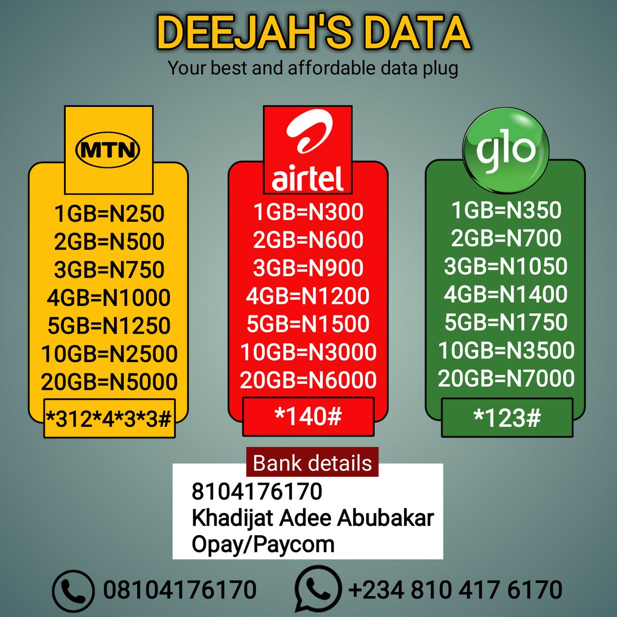Khadijah_bukar's tweet photo. Let me be your data plug
Kindly refer us to your families and friends
☎08104176170
We're always open to take your orders
Jazakumullahu khairan https://t.co/zANnLZNgU8
