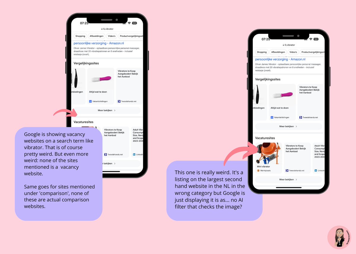 Hi <a href="/JohnMu/">John 🧀 ... 🧀</a> I love to analyse SERP's and saw some very weird things in the NL on a very important short tail keyword which I love to share. See image. This is kinda weird right? Besides this you also see an empty page (w/noindex) from a website that doesn't even sell vibrators. 🤯