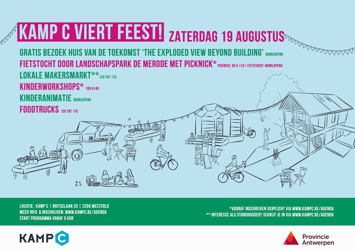 Kamp C viert feest op zaterdag 19 augustus!
Kom je langs en vier je mee? 
🏡Huis van de toekomst
🚵Fietstocht
🛍️Makersmarkt
🧒Kinderworkshops &amp; animatie
🍲Foodtrucks
En veel meer! Bezoek ons tussen 9u en 17u!
👉Meer info: kampc.be/agenda/item/39…
