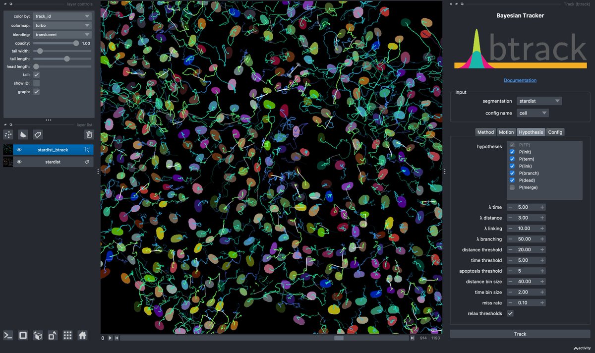 🚀 We just released btrack v0.6.4!

Thanks to the awesome software engineers of <a href="/ucl_arc/">UCL Advanced Research Computing Centre</a> we've built a <a href="/napari_imaging/">napari</a> plugin that enables interactive cell tracking in 2D and 3D using btrack.

This work supported by generous funding from <a href="/cziscience/">biohub</a>. #imagingthefuture