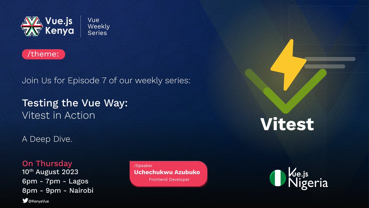 KenyaVue's tweet image. 🎉 Exciting News! For our 8th #weeklyseries,  join us for an incredible cross-border between #vuejskenya &amp;amp; #vuejsnigeria on testing using the powerful Vitest framework by Uchechukwu Azubuko.

Don&apos;t miss this chance, RSVP here: cutt.ly/VitestInAction