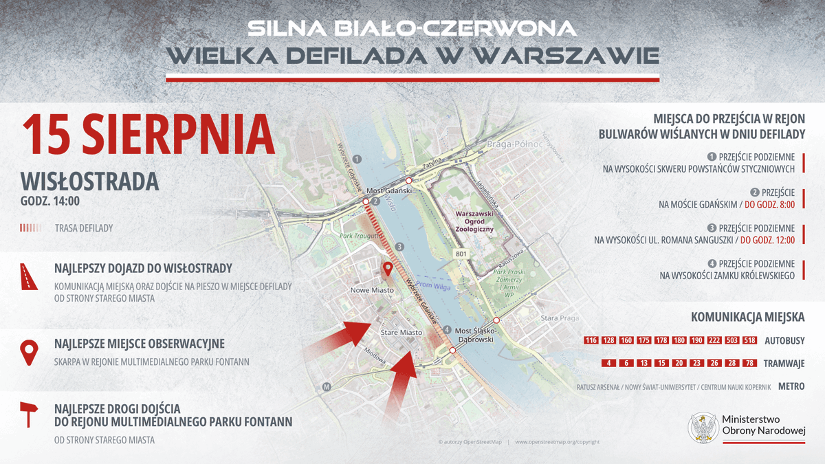 MON_GOV_PL's tweet photo. #SILNABIAŁOCZERWONA 🇵🇱
-
Już jutro na warszawskiej Wisłostradzie, punktualnie o godz. 14:00 rozpocznie się Wielka Defilada Wojska Polskiego! Przypominamy, jak najlepiej dotrzeć 🚌 na defiladę i jakie miejsca są najlepsze do obserwacji 🔭żołnierzy oraz sprzętu. https://t.co/QSMldCqinX