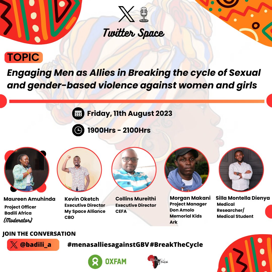 📣Want to know what #menasalliesagainstGBV🤝💪 is all about? 

Join us for the Twitter space on the 11th of August 2023 from 7.00 PM EAT as we foster constructive dialogue regarding men's crucial role as allies 1/2

#menasalliesagainstGBV
#BreakTheCycle
#badiliafricainitiative