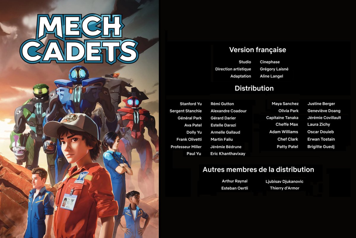 Carton de doublage de la série "Mech Academy : Les cadets" dispo sur Netflix dirigé par <a href="/GregLaisne/">Grégory Laisne</a> 

Avec <a href="/RGutton/">Rémi Gutton</a> <a href="/EstelleDarazi/">Darazi Estelle</a> <a href="/ArmelleGallaud/">Armelle Gallaud</a> <a href="/MartinFaliu/">Martin Faliu</a> <a href="/brigitte_guedj/">Guedj</a> et <a href="/EstebanOertli/">Esteban</a>