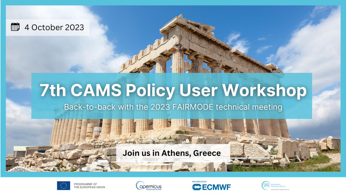 Join the #CopernicusAtmosphere Monitoring Service upcoming Policy User Workshop (PUW) 7th edition, co-organized by @EU_ScienceHub. 🗓️ 4 October 2023 📍🇬🇷 Athens, Greece  Check the agenda & register here 👉bit.ly/45peAGf