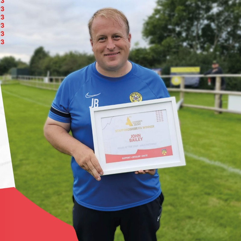 StaffordshireFA's tweet photo. John Bailey from @FcMadeley has been awarded Staffordshire FA’s Grassroots Coach of The Year (Male Pathway) 🏆

His unwavering dedication and passion has transformed the local grassroots football scene 👏

#StaffordshireFootball