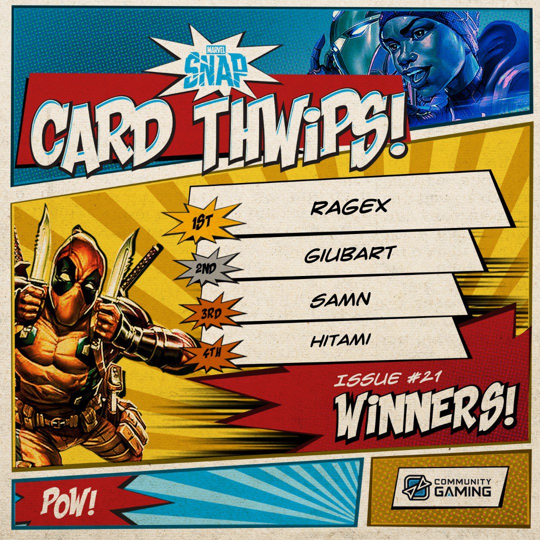 Very interesting to see how things were played out there. Time to reveal the winners! Here there are ✨
🥇RagEX (<a href="/MSU_RagEX/">RagEX</a>)
🥈giubart 
🥉SamN 
🏅Hitami (<a href="/HitamiHs/">Hitami</a>)

Congrats to all winners, and see you next week! 😎

#MarvelSnap #SEApremacy <a href="/MARVELSNAP/">MARVEL SNAP</a>