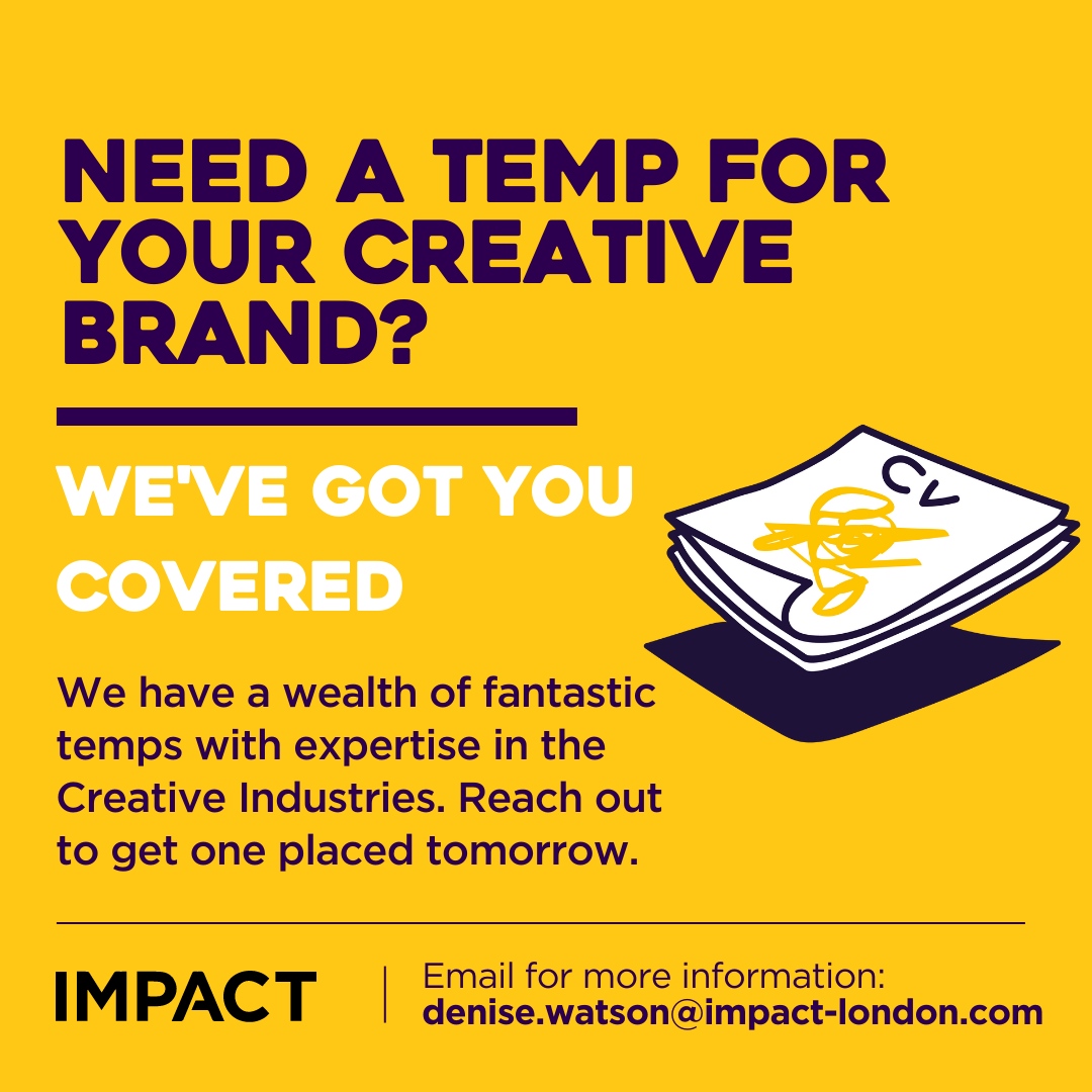 Looking for a creative temp candidate to bring fresh ideas and innovative solutions to your team? 💡 Look no further! 

Find the perfect match for your project today 
📩 denise.watson@impact-london.com

 #LondonJobs #TempWork #CreativeAgencies #FreelanceCreative #CreativeJobs