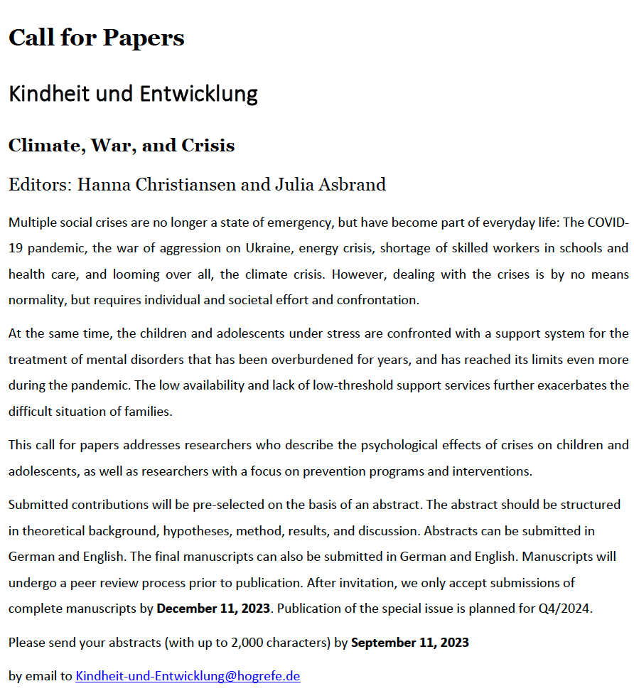 julia_asbrand's tweet photo. #CallForSubmissions - psychological effects of climate change, crises, war on children, youth &amp; families, submissions are very welcome in English &amp; German. Feel free to share https://t.co/CZgkONbMEI 
@InAlbonTina @KiJu_LD @JSchmitzLeipzig @AleksaKaurin @al_zietlow @BelindaJPlatt https://t.co/TRaUcRUkIe
