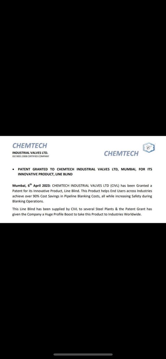 equitybyaadi's tweet image. #Chemtech has posted great results.
Comparing with Q1 FY 2022-23
Sales up 34%
Profit up 212%

It has recently been Granted a patent for its innovative product: Linde Blind. This helps in 90% cost saving in pipeline blanking costs.

We need to monitor next quarter profits. If the…