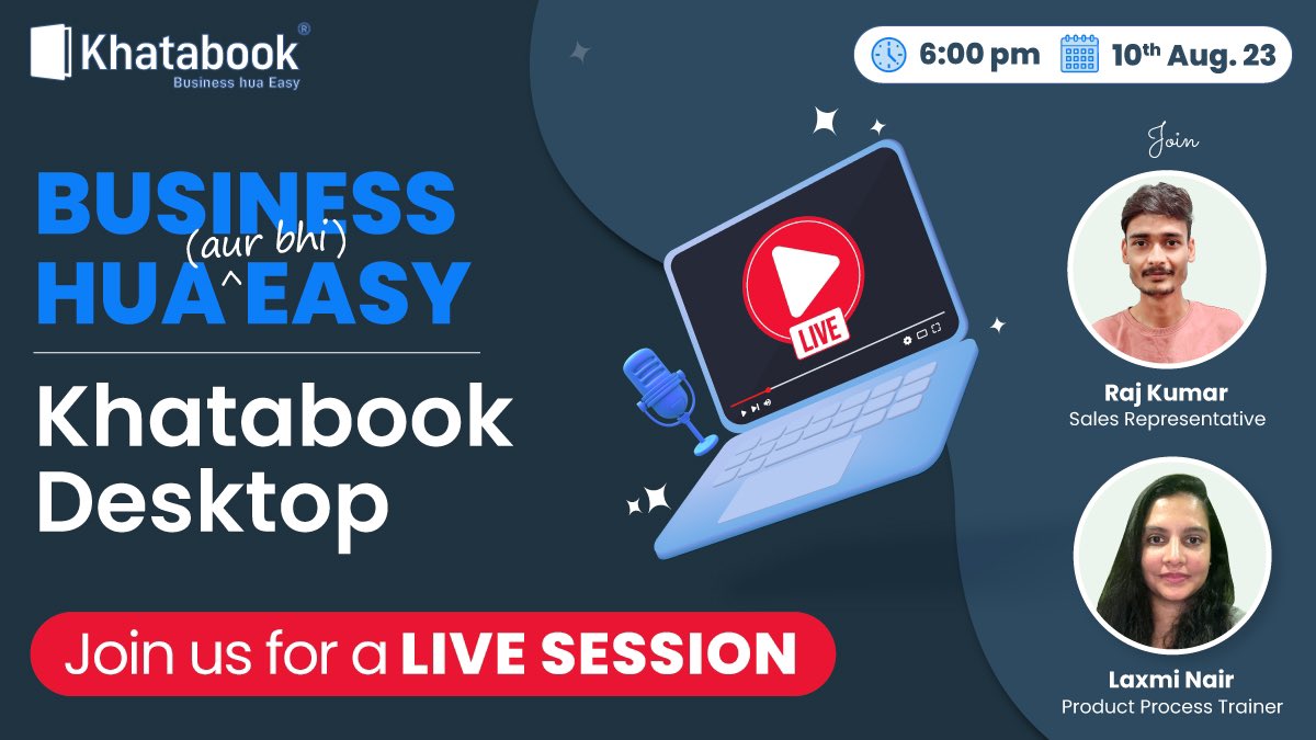 Learn How to manage your business with Khatabook Desktop App.

Join us for an exciting LIVE session with our Experts today only on Khatabook youtube channel

Join here : youtube.com/live/kkBzJJOxa…

#Expenses #BetterProfits #MSMEs #StaffAccess #Webinar #Inventory