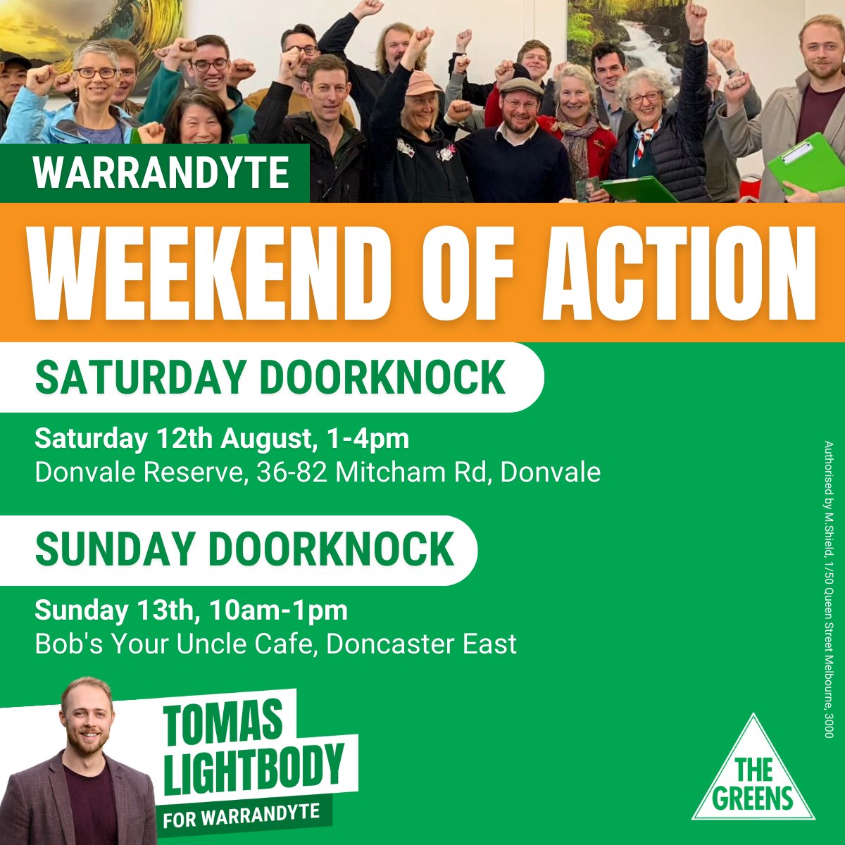 ⚡️WEEKEND OF WARRANDYTE⚡️
We're just a few days away from early voting, and <a href="/TomasLightbody/">Tomas Lightbody</a> is gaining momentum - can you help out?
📍 Join our Sat doorknock here: greens.org.au/vic/warrandyte…
📍 Join our Sun doorknock here: greens.org.au/vic/warrandyte…