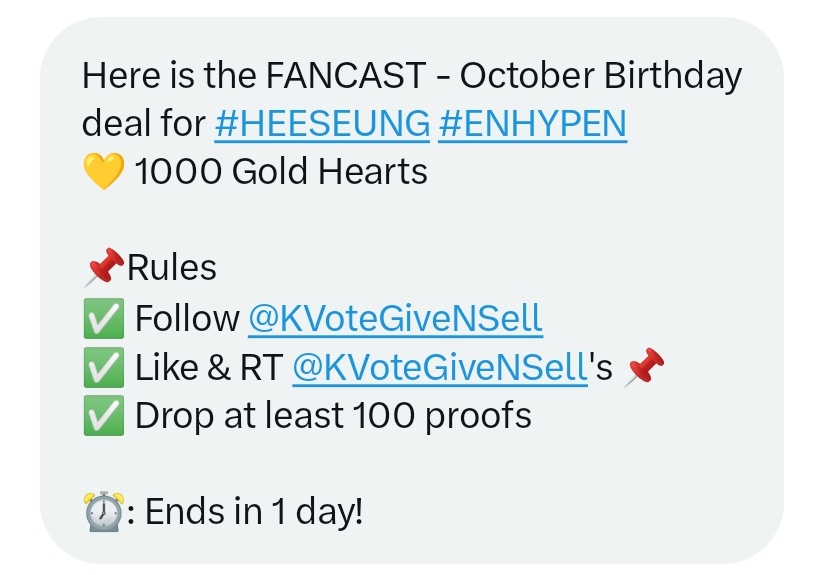heesodear's tweet image. Here is the FANCAST - October Birthday deal for #HEESEUNG #ENHYPEN
💛 1000 Gold Hearts

📌Rules 
✅ Follow @KVoteGiveNSell
✅ Like &amp;amp; RT @KVoteGiveNSell's 📌
✅ Drop at least 100 proofs

⏰: Ends in 1 day!