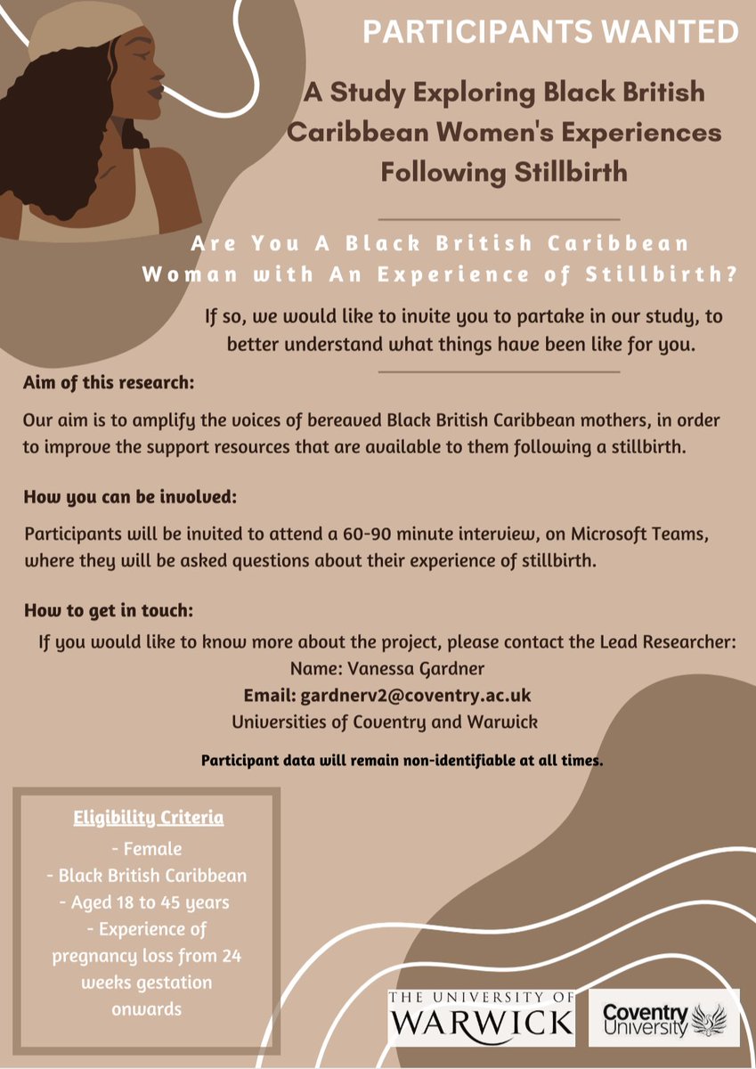 This study is reaching out to Black British Caribbean women who have experienced a stillbirth, to better understand their lifeworld. Please share 🤎
#babyloss #stillbirth #blackwomen #blacklivesmatter #blackbritishwomen #pregnancyloss #perinatalloss #fivexmore #racialdisparities